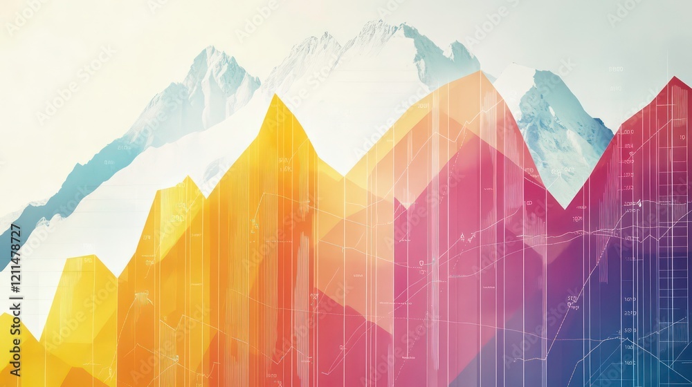 Fototapete abstract mountain range overlaid with vibrant graph data visualization.