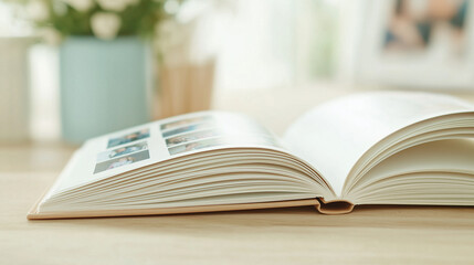 A Photo Album Open to Memories: An open photo album, with pages filled with cherished memories and blurred images, lies open on a table, waiting to be revisited and cherished.