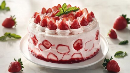 Strawberry cake. Delicious homemade cake with fresh berries. Beautiful cake with red, pink and white cream. Red velvet cake decorated with strawberries. Selective focus