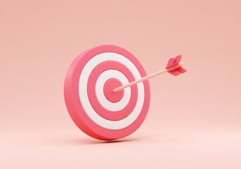A 3D illustration of a target with concentric pink and white circles and an arrow piercing the center