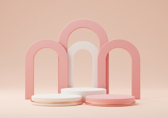A 3D illustration of a minimalistic podium with rounded arches in pastel pink and white colors