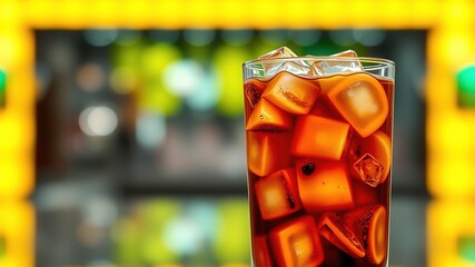 Naklejka premium Iced Coffee, Glass Cup, Ice, Bright, Sharp Colors, Photorealistic, Summer Drink