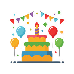 Birthday celebration illustration with colorful balloons, birthday cake, and festive decorations – perfect birthday design for party-themed graphics