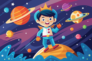 Fototapeta premium A cheerful astronaut in a colorful outfit stands on a planet surrounded by cosmic elements Gravity Customizable Cartoon Illustration