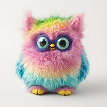 A Furby toy with colorful fur and blinking eyes