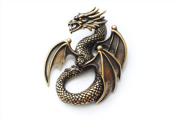 Gold pendant in the shape of a dragon isolated on a white background..