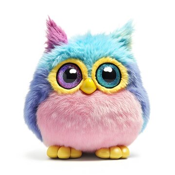 A Furby toy with colorful fur and blinking eyes