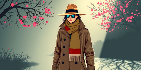 A woman wearing a hat and scarf is standing in front of trees with pink blossoms. The image has a moody and mysterious feel to it, as if the woman is on a secret mission or is lost in thought