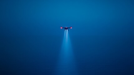 Aerial Drone Hovering Over Calm Ocean at Dusk with Light Beam