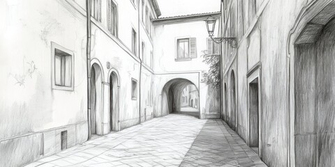 Pencil Sketch of a Narrow European Alleyway