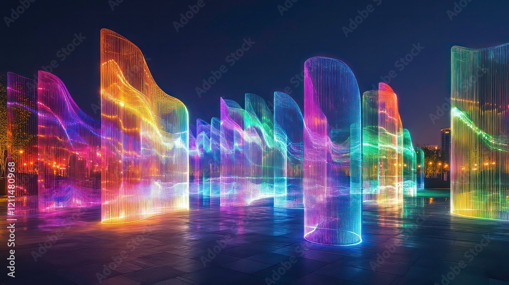 Poster Vibrant light trails illuminate translucent sculptures at night, creating a mesmerizing display of color and form.