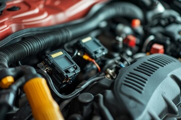 Fototapeta premium Mechanics repair diagnostics adjustment. Close-up of car engine components showcasing intricate details and textures.