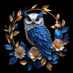 Obraz premium Majestic Blue Owl Surrounded by Elegant Floral Elements on Black Background
