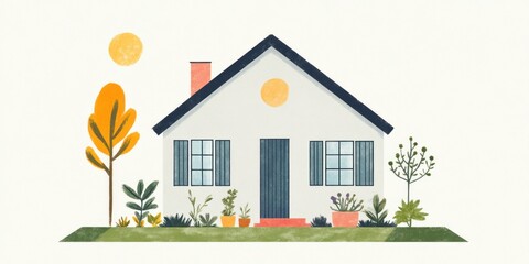 Fototapeta premium Charming Suburban House with Colorful Landscaping and Sun