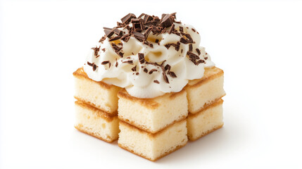 Whimsical Dessert Cube: A playful and tempting dessert, stacked like a cube, with layers of fluffy cake, creamy frosting, and chocolate shavings.
