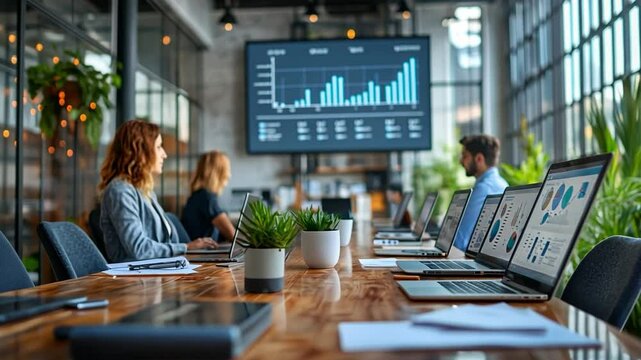 Modern Business Meeting: A team of professionals collaborates in a contemporary office space, analyzing data displayed on large screens. The image conveys a sense of productivity, innovation.