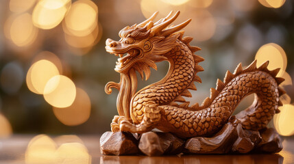 Fototapeta premium Vibrant night sky with a Chinese dragon, golden clouds, and red lanterns: Lunar New Year Celebrations