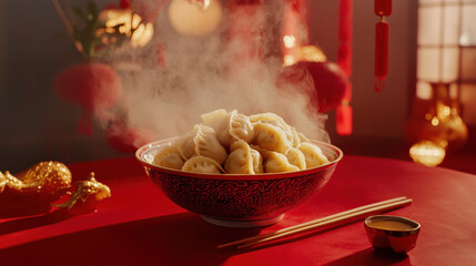 Steaming dumplings with chopsticks on a red table for Chinese New Year: 