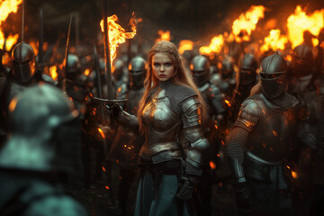 Obraz premium A brave woman knight in shining armor with a flaming sword in her hands standing before her army background.