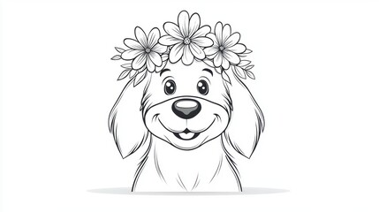 Adorable Dog with Flower Crown in Playful Black and White Illustration
