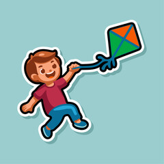 Illustrated Sticker of a Joyful Kid Holding a Kite in the Wind