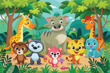 Fototapeta premium Happy cartoon animals celebrate together in a lively jungle filled with greenery and colorful flora Group of happy animals cartoon in the jungle