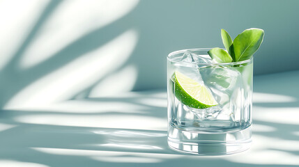 refreshing glass of tequila with lime and mint leaves, surrounded by soft shadows
