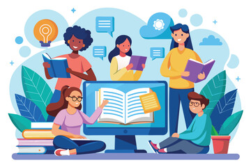 Friends are gathered around a computer, reading books and engaging in online learning activities Group of people reading a book and studying online on computer screen