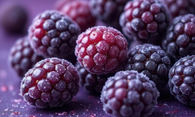 Frozen blackberries on a purple surface