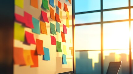 Professionals Brainstorming New Strategies on Colorful Whiteboard in Warm Sunlit Office