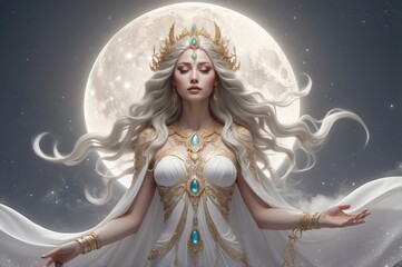 Serene goddess with flowing white gown and golden crown, before a full moon.
