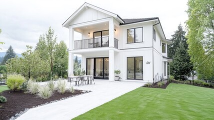 Modern white house, backyard patio, garden, mountain view; real estate listing