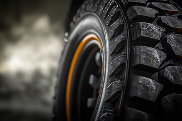 Off road car wheel thread in close up background.