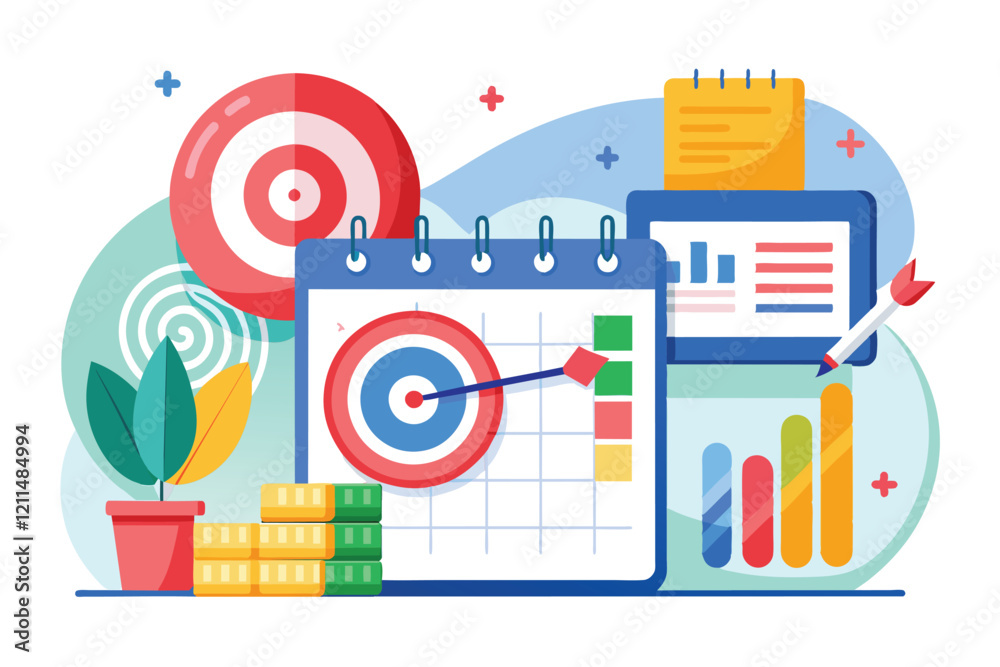 Poster graphical representation of growth data showing targets and a calendar with data visualization eleme