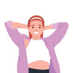 Relaxed and Cheerful Woman in Casual Attire with her hands behind her head. Flat vector illustration isolated on white background
