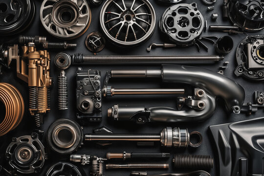 Various car spare parts on a mechanic workbench background in a garage, auto repair shop or auto parts store concept...