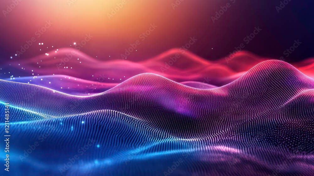 Poster abstract colorful wavy landscape with glowing particles.