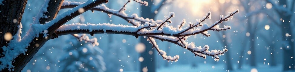 Obraz premium Twinkling snowflakes gently fall on the bare branches of a winter tree, icy landscape, snowy scene