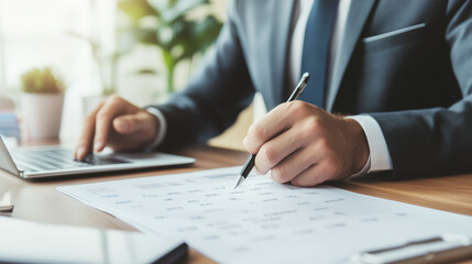 Fototapeta premium Focused on the Task: A close-up of a businessman's hands meticulously reviewing a document and typing on a laptop, capturing the essence of dedication and precision.
