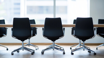 Conference Room Ready: A row of sleek, modern office chairs sits arranged around a long conference table, poised for a productive meeting against a backdrop of a bright city view.