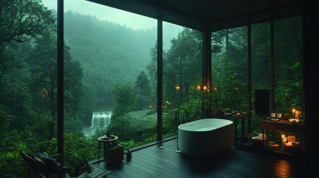 Rainforest bath, waterfall view, luxury resort, tranquility