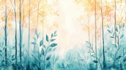 Obraz premium Summer watercolor idea. Tranquil forest scene with soft light and vibrant foliage for peaceful nature vibes.