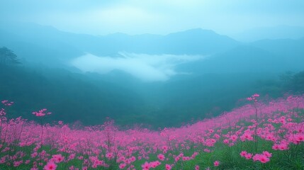 Obraz premium Misty Mountain Meadow: A Serene Cosmos Bloom