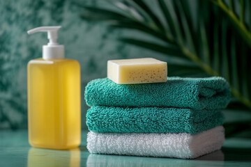 Towels, liquid soap dispenser, and sponge on a table in a bathroom background..