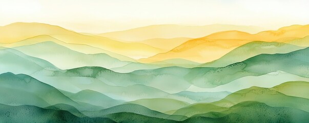 Fototapeta premium Soft watercolor idea. Serene watercolor mountains in soft green and yellow hues reflect nature's beauty.