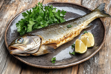 Fried fish with spices and greenery on a plate on a kitchen table background.