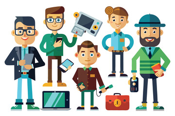 Cartoon characters interact with multiple devices, showcasing technology in a colorful, engaging environment Guys with devices, Cartoon flat vector collection isolated on white background