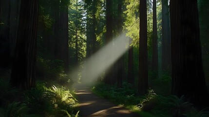 Fototapeta premium Misty Redwood Forest Trail with Morning Light Beams
