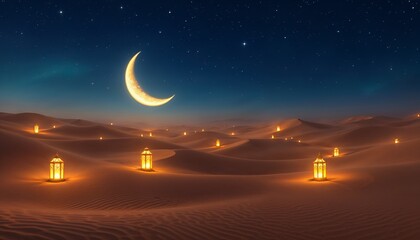 Naklejka premium Crescent moon over a desert illuminated by lanterns at night.