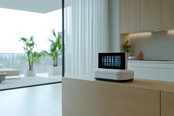 Futuristic Personal Assistant Robot Displaying Holographic Calendar in Kitchen